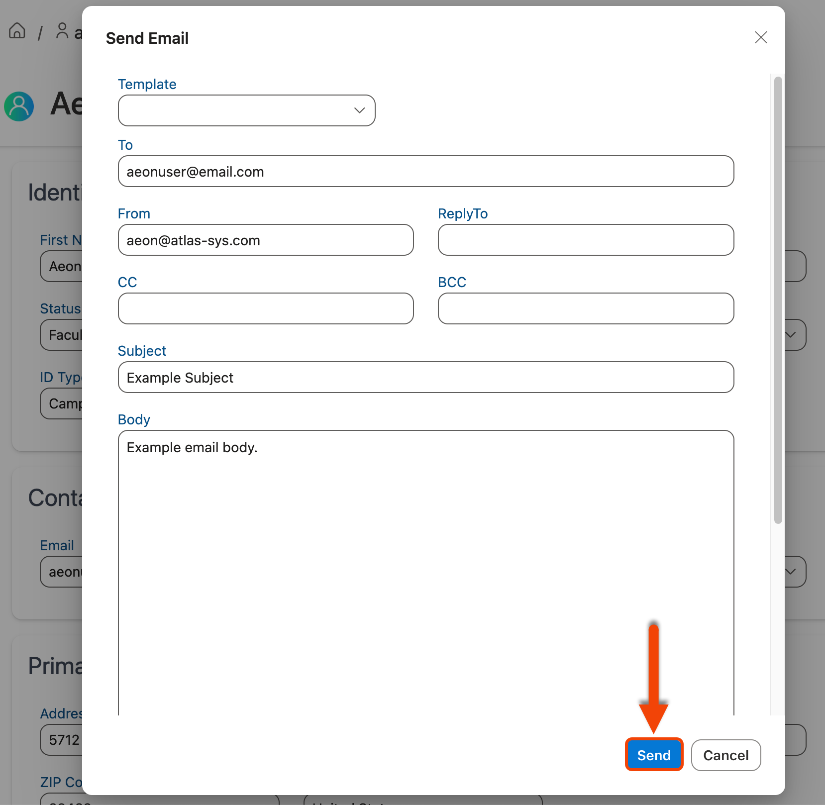 Send button highlighted in Send Email window